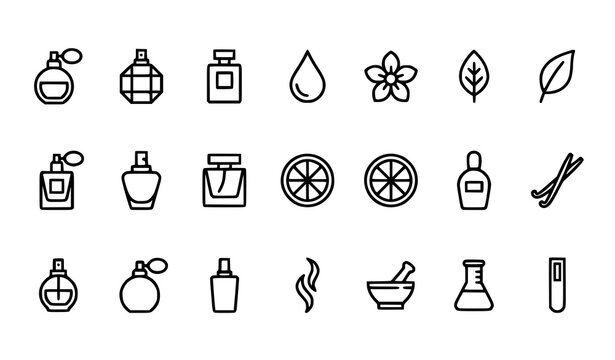 Set of perfume and fragrance icons featuring bottles flowers citrus fruits and laboratory equipment in outline style