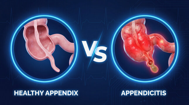 Appendix comparison 3D render showing healthy anatomy and acute appendicitis disease