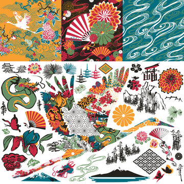 A set of design elements on a white background. Three seamless Japanese-themed patterns, including a stork decorated with Japanese images and numerous other images.