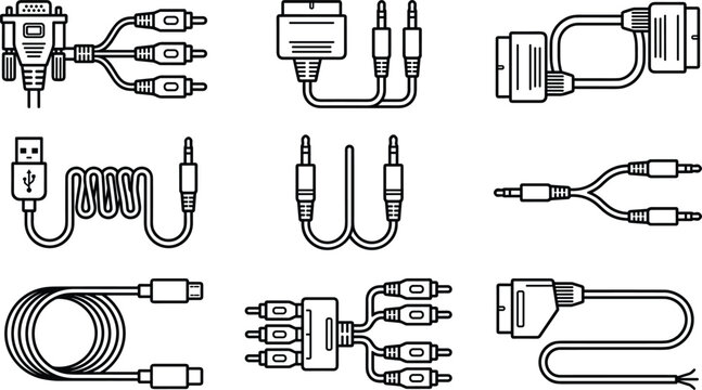 Audio video connection cables and digital adapters icons set including usb rca scart vga and jack vector line illustration