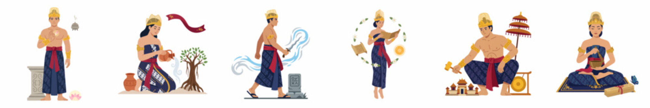 Set of Balinese people in traditional clothing performing cultural rituals and daily activities, flat vector illustration.