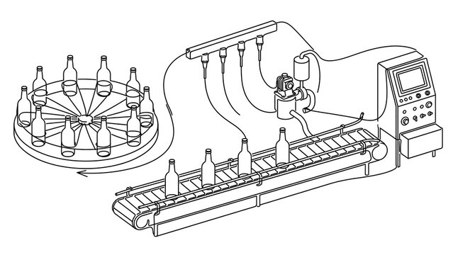 Bottle filling production line white background.