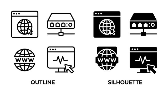 Web and Network Icons: A collection of digital icons representing web browsing and network server connections, presented in both outline and silhouette styles.