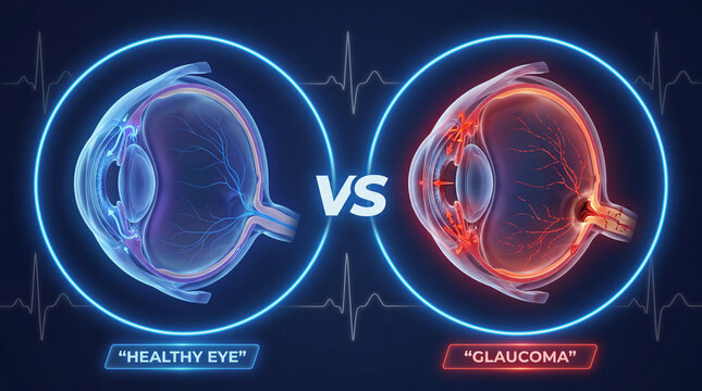 Medical illustration comparing healthy human eye and glaucoma anatomy with high intraocular pressure