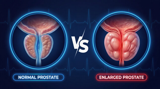 Medical illustration comparing normal prostate and enlarged prostate gland condition