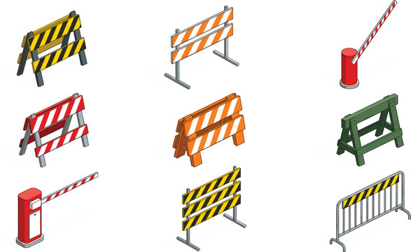 Isometric road barrier icons set with traffic control barricades and automated gate arms for construction safety vector design