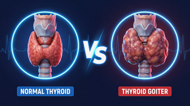 thyroid gland comparison infographic showing normal anatomy versus goiter disease in 3d render