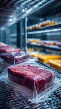 Fresh raw beef steak vacuum packed on a shelf inside a commercial supermarket cooler. Ideal for butcher shop and meat supply concepts.