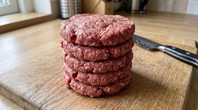 A stack of raw, seasoned beef burger patties sits on a rustic wooden chopping board, ready for grilling, with a chef's knife nearby, hinting at a delicious home-cooked meal.