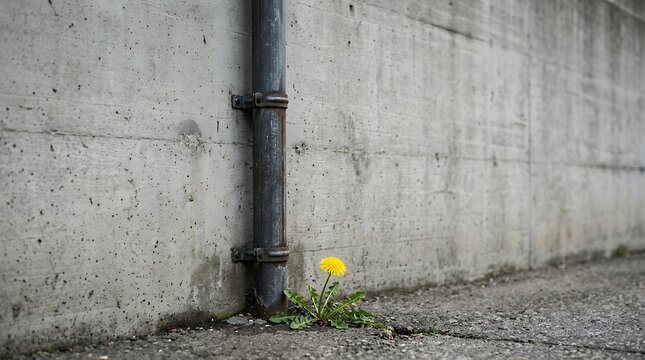 Minimalist Gray Concrete Wall with Rain Downspout and Lone Dandelion Flower Representing Resilience and Urban Nature minimalist gray wall textured concrete wall downspout dandelion flower plant urban