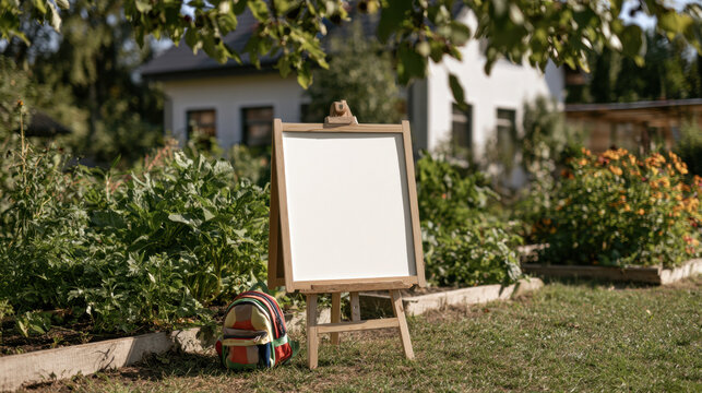 Blank white sign mockup on wooden easel with colorful backpack in sunny garden setting for preschool and first day school announcements