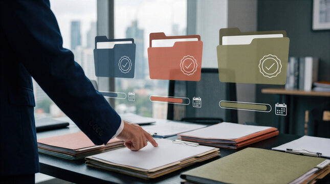 Professional reviews documents on a desk while digital folders display pending, approved and signed status labels with progress bars and calendar icons for workflow tracking.