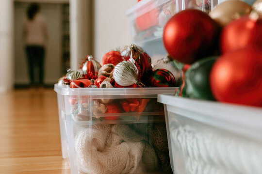 Holiday ornament storage box with winter knitwear in bright home interior, blurred person in background