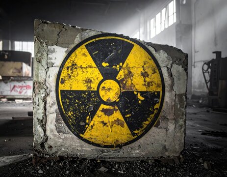 Radiation hazard symbol on decaying industrial structure
