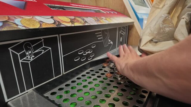 Woman Pouring Coins Into Supermarket Coin Sorting Machine Today