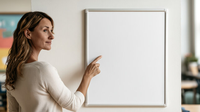 Female teacher pointing at blank framed classroom rules poster mockup on wall with copy space for customizable educational information
