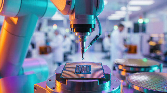 Semiconductor manufacturing process featuring robotic arm assembling microchip in cleanroom laboratory. Precision engineering and automation in electronics production with engineers monitoring quality