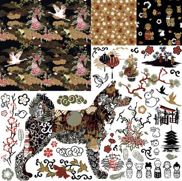 A set of design elements on a white background. Three seamless patterns in Japanese style, including a dog decorated with Japanese images, and many other images.