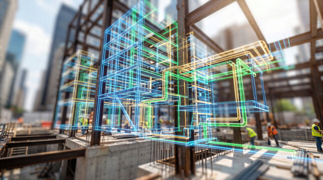 Construction site with digital wireframe overlay illustrating building design, engineering infrastructure, and modern urban development integrating technology, planning, and architecture innovation.