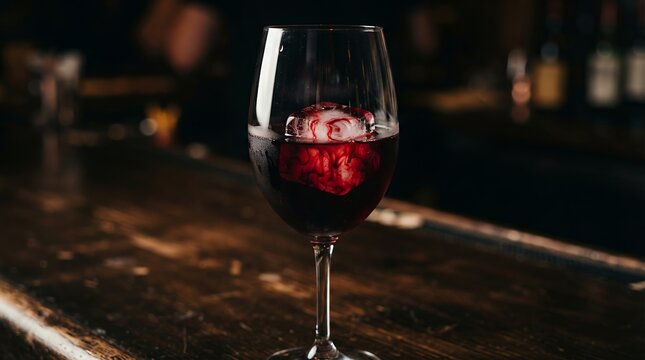 Glass of red wine with ice cube on a wooden bar counter.