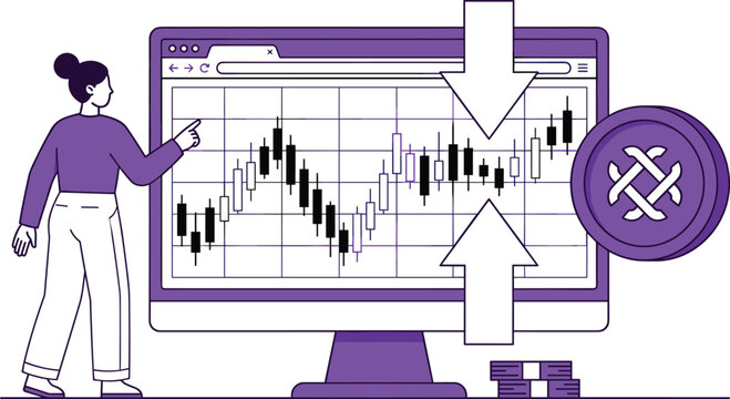 Woman analyzing cryptocurrency market chart on computer screen with trading indicators and coin vector illustration flat line concept