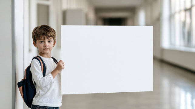 Young schoolboy with backpack holding large blank poster in bright school corridor, first day of kindergarten mockup