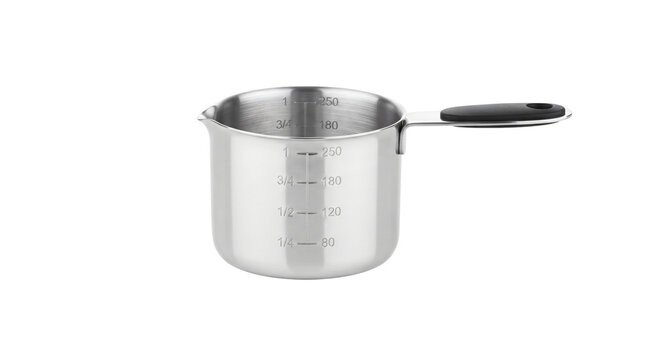 Stainless steel measuring cup with volume markings and handle