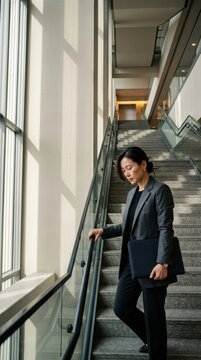 Professional woman descending a staircase in a modern corporate environment