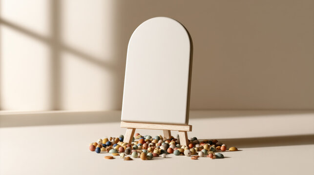 Blank arched milestone sign mockup on wooden easel with colorful beads, warm minimalist classroom template with copy space