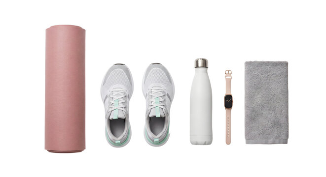Flat lay of gym fitness accessories and running shoes