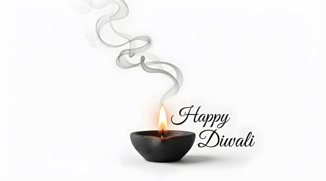 Happy diwali greeting with lit diya isolated on white background