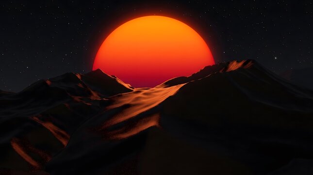 A bright orange sun setting behind dark rugged mountains under a clear starry night sky with silhouetted mountains
