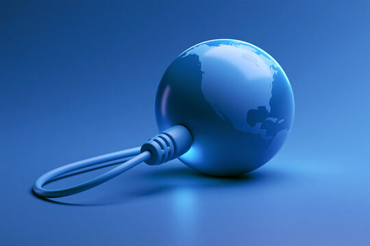 3D render of blue globe with network cable plugged in for global internet connection, communication, and networking concept