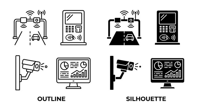 Smart Road Toll System Icons: A collection of outline and silhouette icons representing smart road toll systems, including toll booths, payment machines, cameras, and data analysis screens.