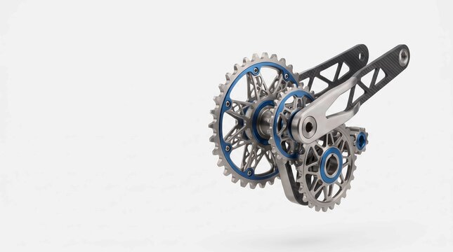Detailed bicycle crankset featuring polished metallic silver gears with vibrant blue accents and lightweight carbon fiber arm construction for performance