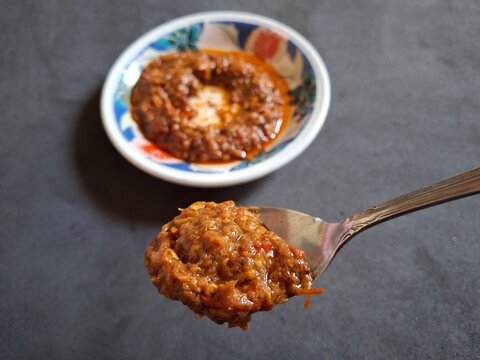 Indonesian Cooked Shrimp Paste Chili Sambal on Floral Plate