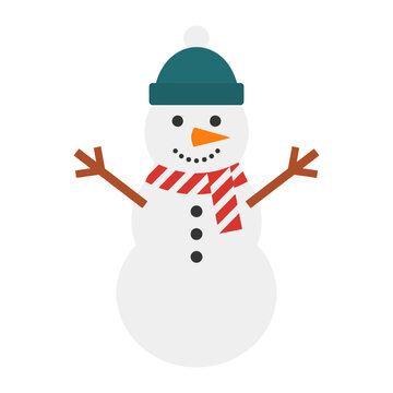 Flat vector illustration of a cheerful snowman wearing a winter hat and scarf.
