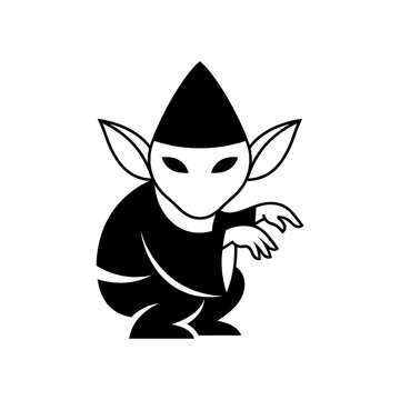 Minimalist black and white vector illustration of a mysterious goblin or fantasy creature.