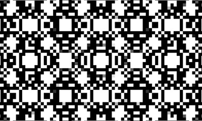 Fototapeta premium Seamless monochrome pixel art pattern featuring black and white geometric lattice tiles for modern modern textile design