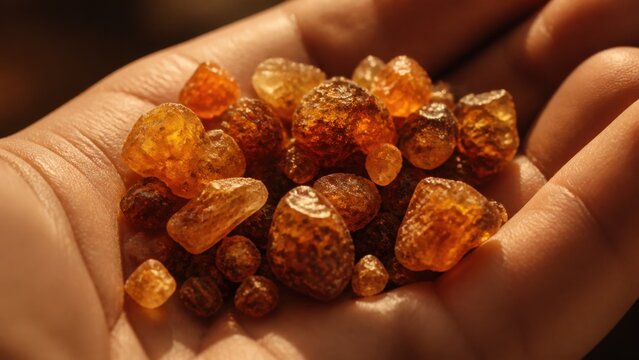 Close-up of hands holding fragrant amber resin and spices. Ancient burial preparation, biblical offering, solemn faith, and Holy Week symbolism inspired by the Gospel of Luke.