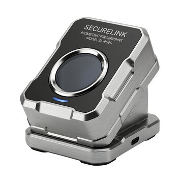 Biometric fingerprint scanner Securelink SL-9000, professional security authentication device, metallic digital identity sensor