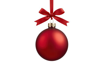 Naklejka premium Glossy red Christmas ornament ball hanging from red bow