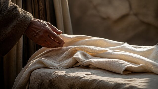 Man&rsquo;s hand preparing a linen shroud beside a body, symbolizing the burial of Jesus in a rock-hewn tomb after crucifixion. Biblical mourning and Good Friday remembrance.