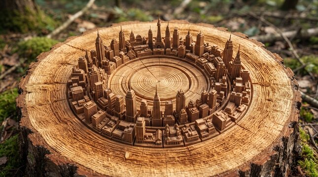Urban Skyline Carved Inside the Rings of a Tree Stump