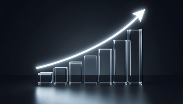 A white upward trending arrow on black bars