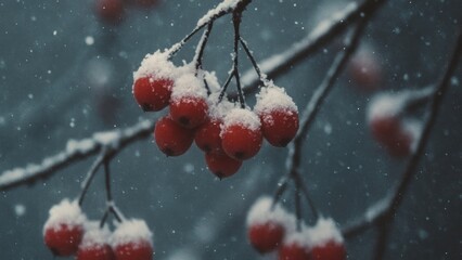 Fototapeta premium Snowy red berries winter wallpaper