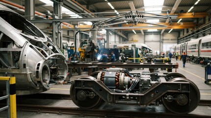 Naklejka premium Electric high-speed train production with nose cone, traction motor, bogie assembly, catenary parts, and steel fabrication frames in a workshop.