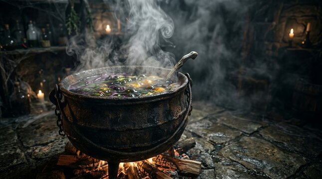 Mysterious Cauldron Bubbling Over Open Fire with Smoke and Lanterns.