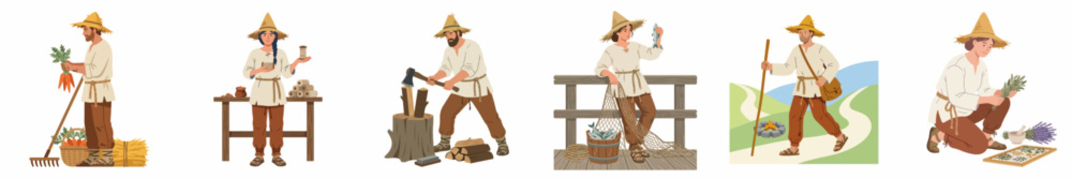 Collection of medieval peasant character illustrations engaged in various rural activities like farming, chopping wood, and selling goods at a market.
