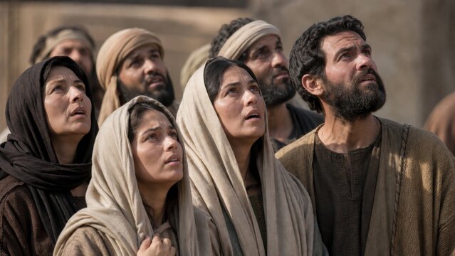 Mourners looking upward during the crucifixion of Jesus. Biblical scene depicting grief, faith, and witnesses at Calvary in ancient Jerusalem.